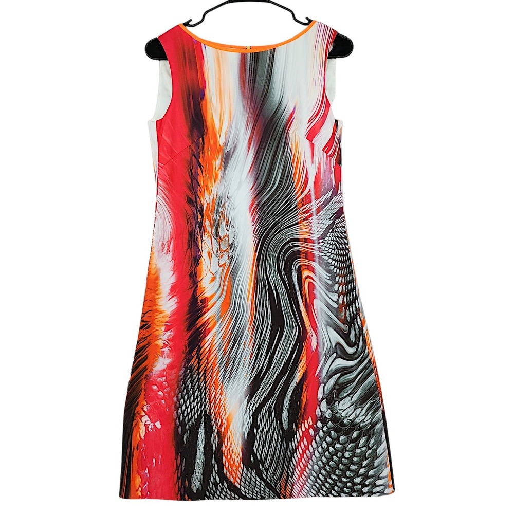 Elie Tahari Shift Dress 2 Red Orange Abstract Graphic Snakeskin Bright Cocktail
